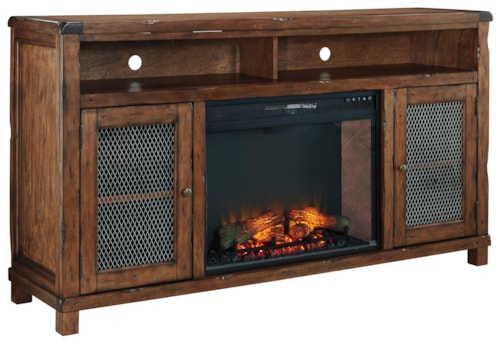 Signature Design by Ashley Tamonie Rustic Mango Veneer XL TV Stand with Electric Fireplace Insert & Wire Mesh Doors | Rotmans | TV Stands Worcester Boston